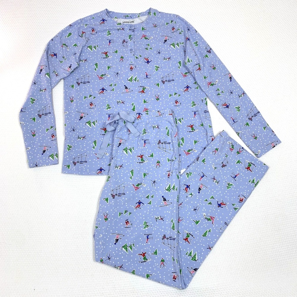 Lands' End Women's Small S 6–8 Blue Ski Print Henley Top & Pants Pajama Set
